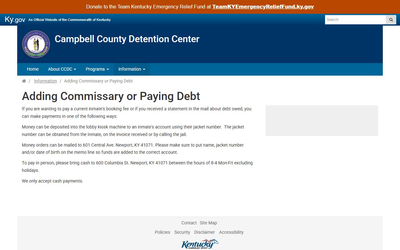 Campbell County inmate records CCDC fees and debt payment page
